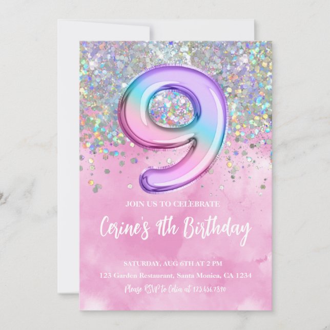 Invitation Rainbow Foil Girl Neuf Anniversaire (Devant)