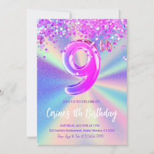 Invitation Rainbow Foil Girl Neuf Anniversaire Fête Invitatio