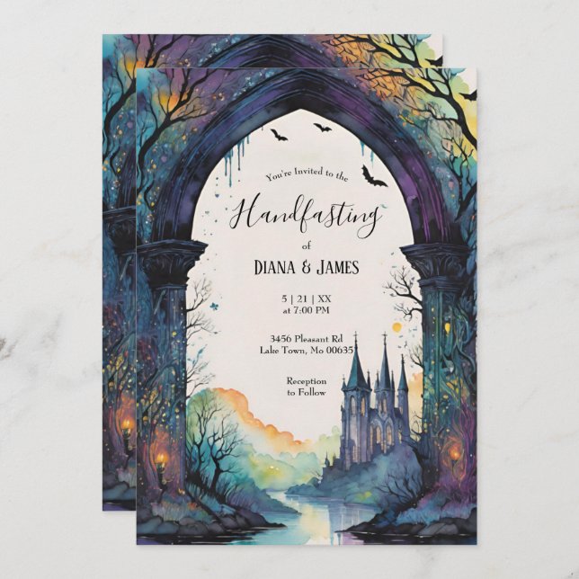 Invitation Rainbow Forest Castle Arch Pagan Handfasting (Devant / Derrière)