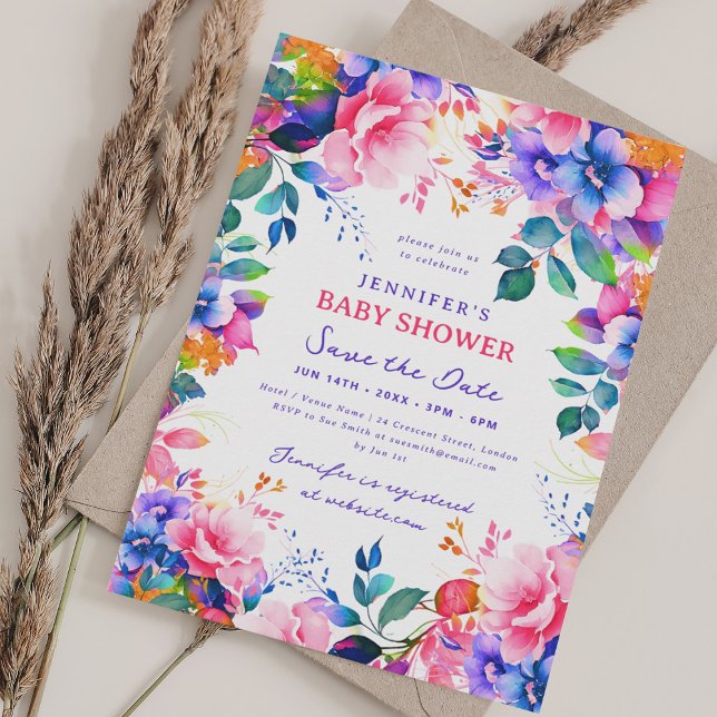 Invitation Rainbow Garden Floral Baby shower Date de sauvegar (Rainbow Garden Floral Baby Shower Save Date Invitation)