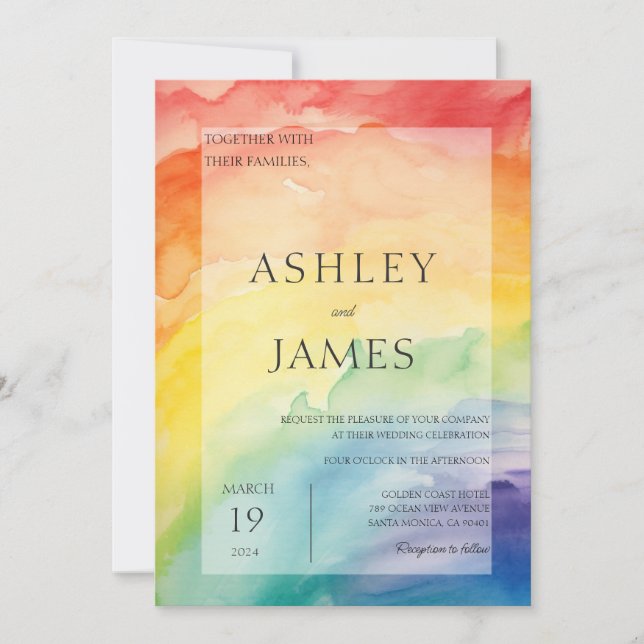 Invitation Rainbow Gay Lesbian Mariage LGBTQ Aquarelle (Devant)