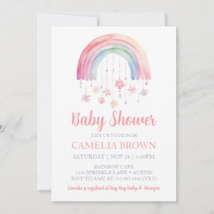 Invitation Rainbow Girl Baby shower Pastel Aquarelle