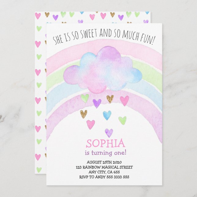 Invitation Rainbow Girl premier anniversaire Parties scintill (Devant / Derrière)