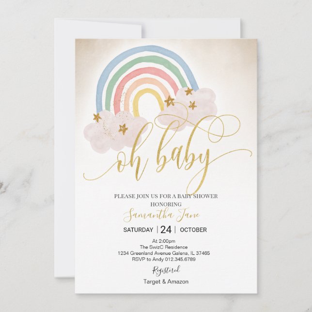 Invitation Rainbow Gold Parties scintillant bébé saupoudrer O (Devant)