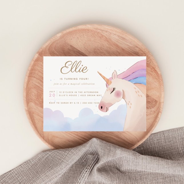 Invitation Rainbow Gold Watercolor Unicorn Anniversaire | (Créateur téléchargé)
