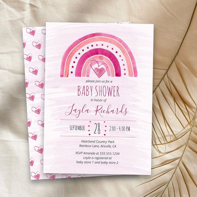 Invitation Rainbow Heart Watercolor Baby shower rose (Pink Rainbow girl baby shower  invitation)