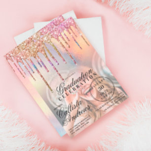 Invitation Rainbow Holographic Glitter Drips Photo Graduation