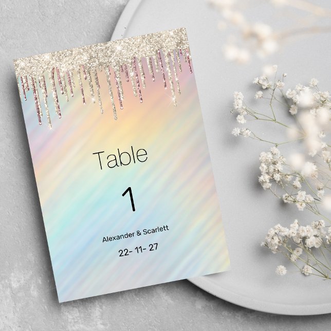 Invitation Rainbow holographic gold glitter drip Table Number (Rainbow holographic gold glitter drip Table Numbers)
