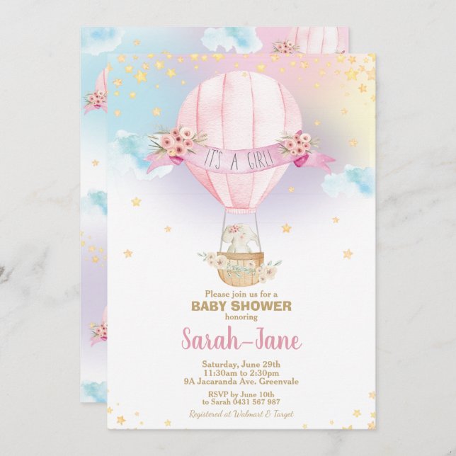 Invitation Rainbow Hot Air Balloon Baby Girl Douche Elephant (Devant / Derrière)