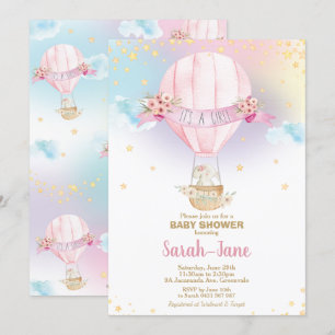 Invitation Rainbow Hot Air Balloon Baby Girl Douche Elephant