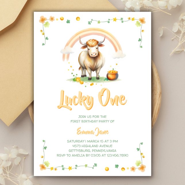 Invitation Rainbow Jour de la Saint Patrick Lucky One 1er ann (Rainbow St. Patrick’s Day Lucky One 1st Birthday Invitation)