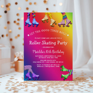 Invitation Rainbow Kids Roller Sking fête d'anniversaire