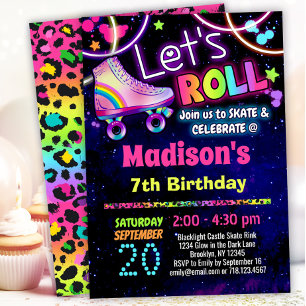 Invitation Rainbow Leopard 90s Theme Roller Skating