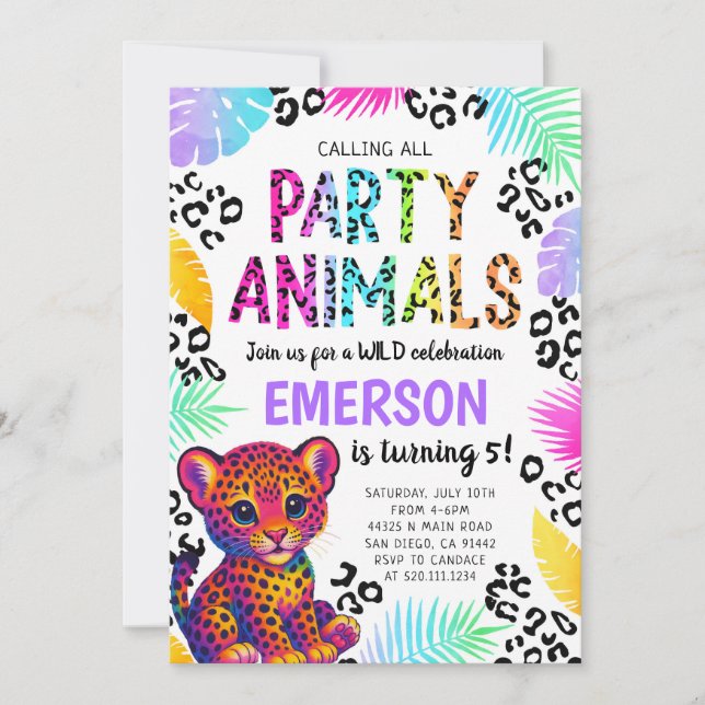 Invitation Rainbow Leopard Party Animaux Anniversaire Invitat (Devant)