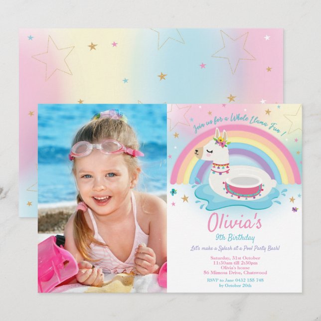 Invitation Rainbow Llama Pool Party Birthday Girl Photo (Devant / Derrière)