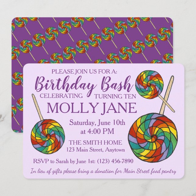 Invitation Rainbow Lollipop Candy Purple Anniversaire Bash Pa (Devant / Derrière)