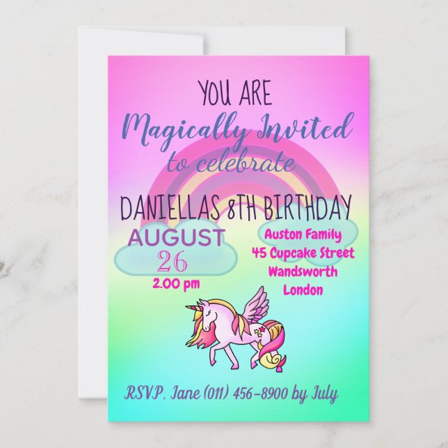 Invitation Rainbow Magical Unicorn Party Joyeux anniversaire (Devant)
