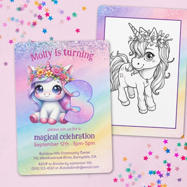 Invitation Rainbow magique Unicorn 3e anniversaire (Créateur téléchargé)