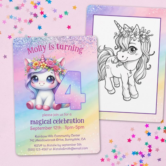 Invitation Rainbow magique Unicorn 4e anniversaire (Créateur téléchargé)