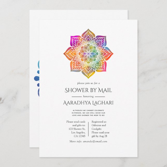 Invitation Rainbow Mandala, douche indienne par courrier (Devant / Derrière)