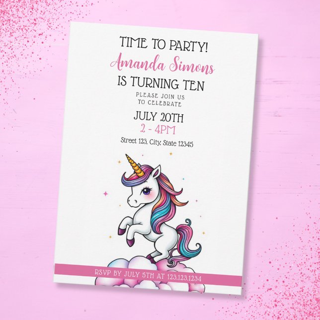 Invitation Rainbow Mane Sparkle Unicorn Girl 10th Birthday (Créateur téléchargé)