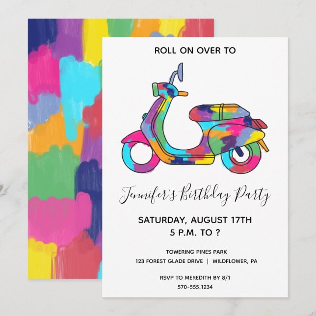 Invitation Rainbow Motor Scooter Fête cyclable (Devant / Derrière)