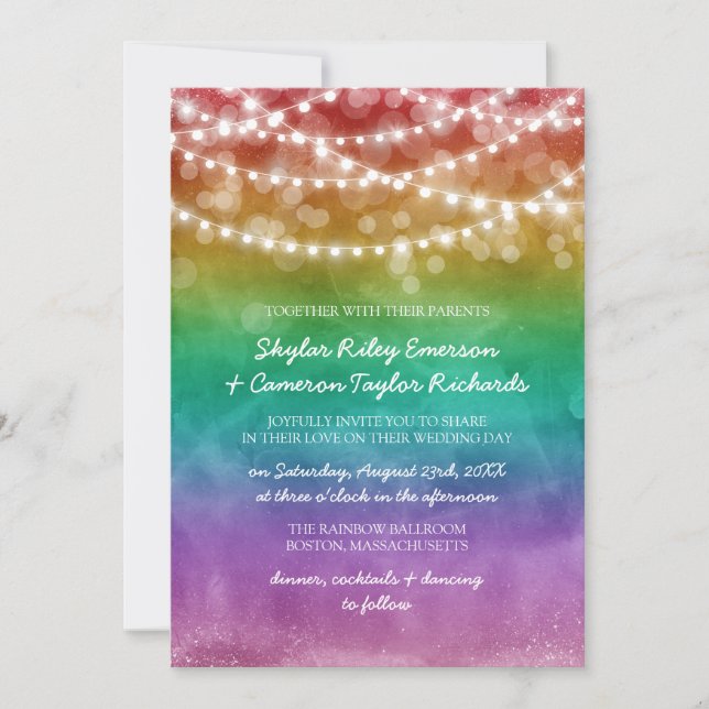 Invitation Rainbow Ombre String Lights Détails Mariage gay (Devant)