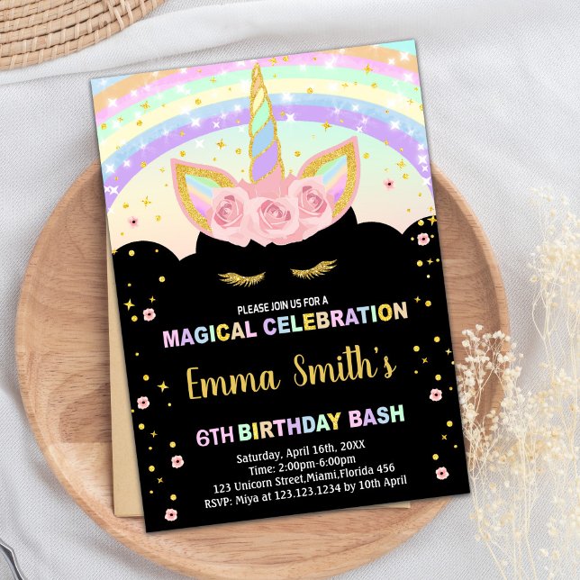 Invitation Rainbow Parties scintillant Black Unicorn Invitati (Rainbow Glitter Black Unicorn Birthday Invitations)