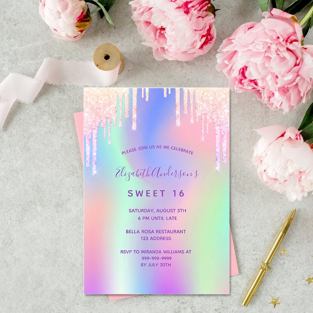 Invitation Rainbow parties scintillant rose rose or rose Swee (Créateur téléchargé)