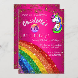 Invitation Rainbow Parties scintillant rose Unicorne fête d'a