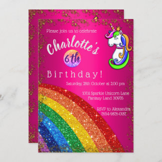 Invitation Rainbow Parties scintillant rose Unicorne fête d'a