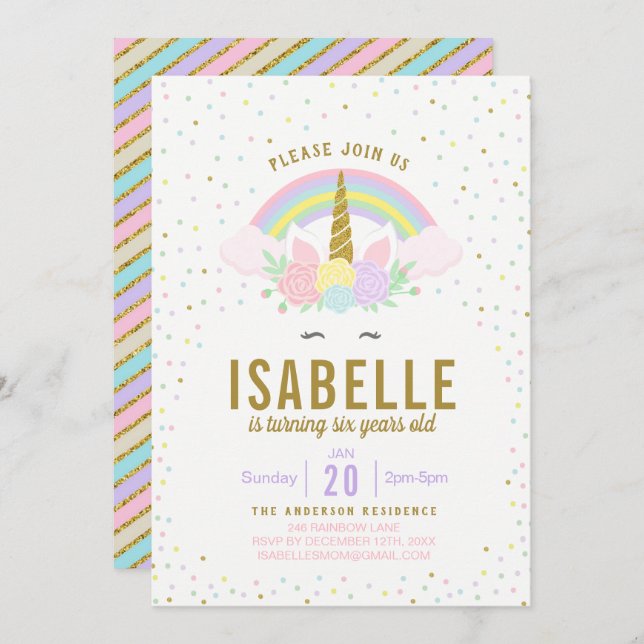 Invitation Rainbow Parties scintillant Unicorn Anniversaire F (Devant / Derrière)