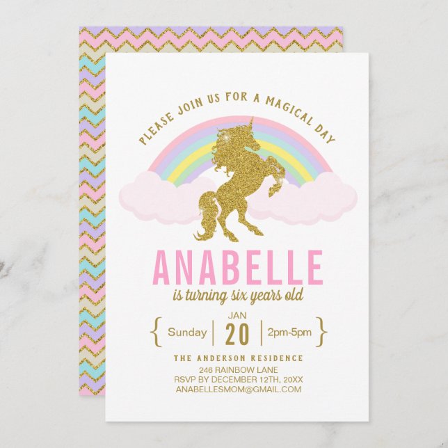 Invitation Rainbow Parties scintillant Unicorn Anniversaire F (Devant / Derrière)