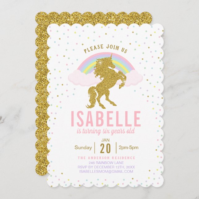 Invitation Rainbow Parties scintillant Unicorn Anniversaire F (Devant / Derrière)