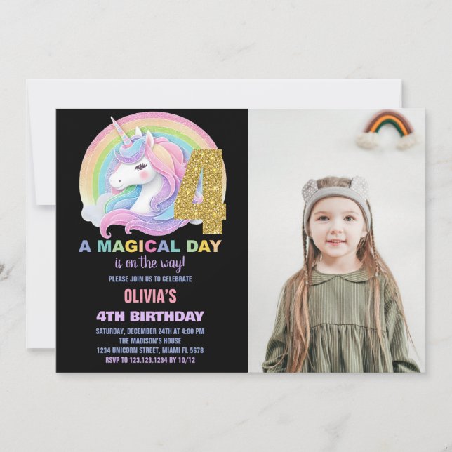 Invitation Rainbow Parties scintillant Unicorn Anniversaire I (Devant)
