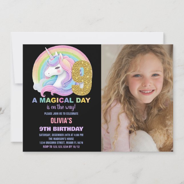 Invitation Rainbow Parties scintillant Unicorn Anniversaire I (Devant)