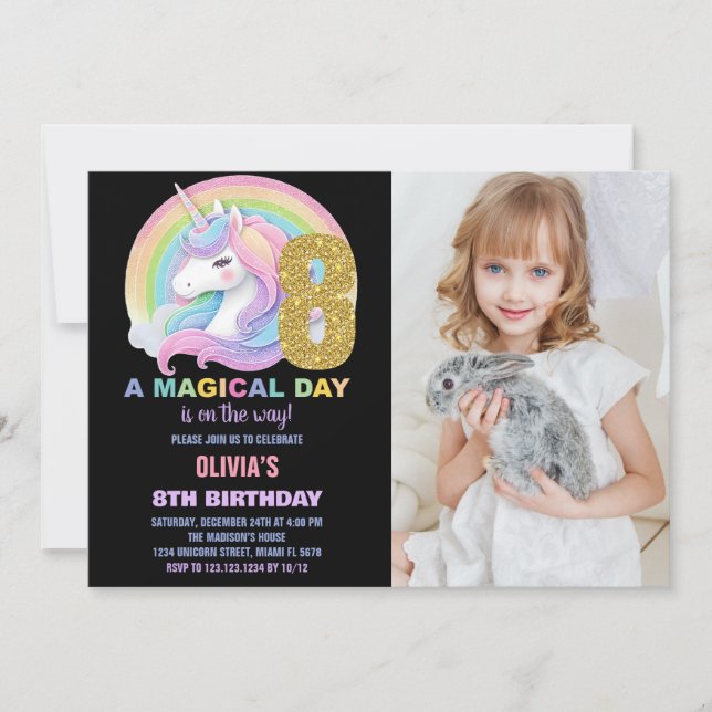 Invitation Rainbow Parties scintillant Unicorn Anniversaire I (Devant)