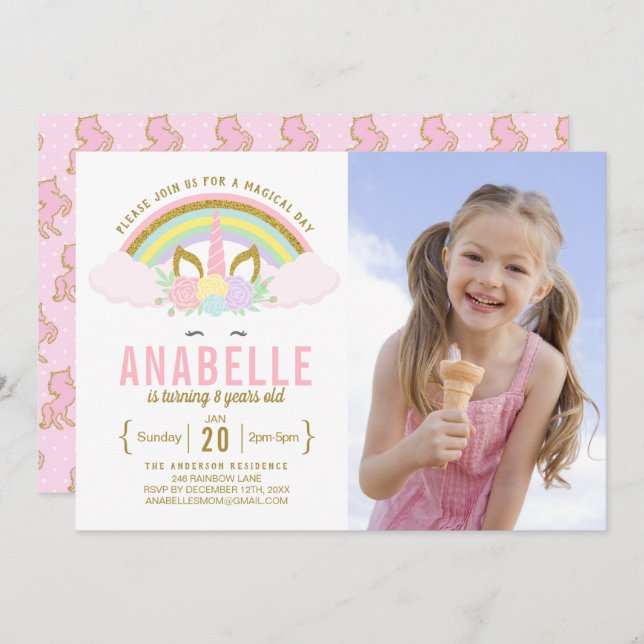 Invitation Rainbow Parties scintillant Unicorn Photo Annivers (Devant / Derrière)