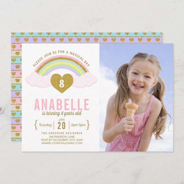 Invitation Rainbow Parties scintillant Unicorn Photo Annivers (Devant / Derrière)