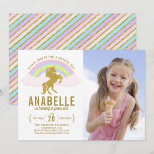 Invitation Rainbow Parties scintillant Unicorn Photo Annivers