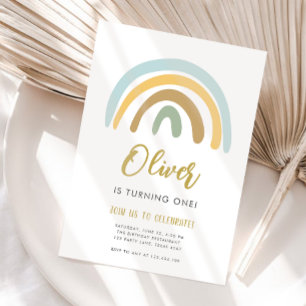 Invitation Rainbow Pastel Boho Muet Blue Boy Premier annivers