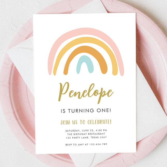Invitation Rainbow Pastel Boho Muted Rose Girl Premier annive (Créateur téléchargé)