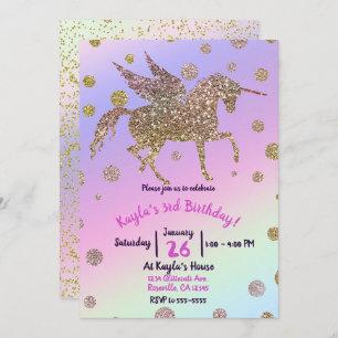 Invitation Rainbow Pastel Gold Dots Unicorn Anniversaire