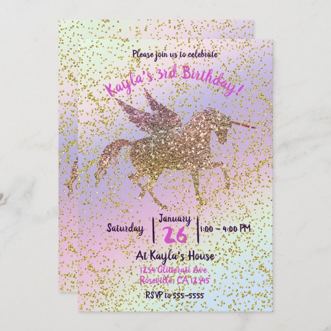 Invitation Rainbow Pastel Gold Parties scintillant Unicorn An (Devant / Derrière)