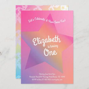 Invitation Rainbow Pastel Stars 1er anniversaire Pink