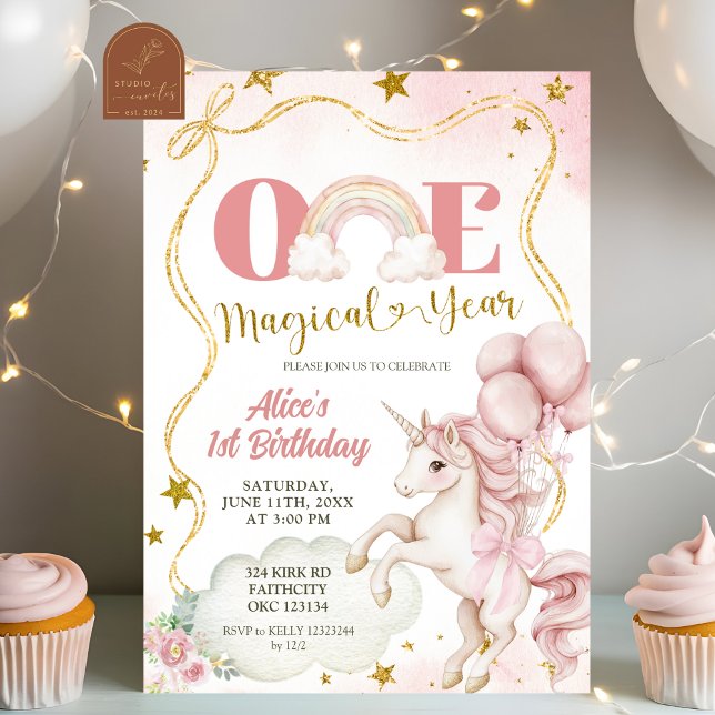 Invitation Rainbow Pastel Unicorn One Magical Year Birthday (Créateur téléchargé)