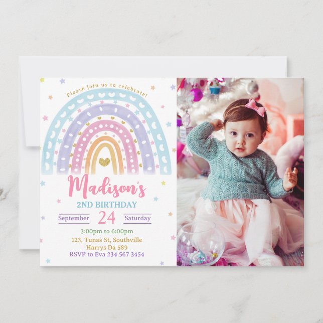 Invitation Rainbow Photo Anniversaire Pastel (Devant)