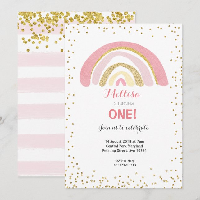 Invitation Rainbow Pink 1er Birthday (Devant / Derrière)