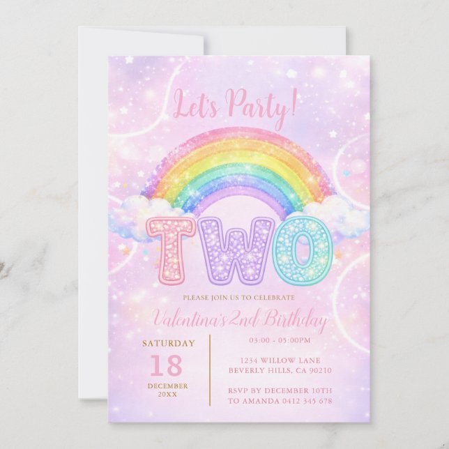 Invitation Rainbow Pink Purple Glitter Second Birthday Party (Devant)