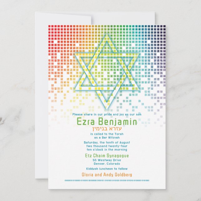 Invitation Rainbow Pixels jeu vidéo Gamer Bar Mitzvah (Devant)